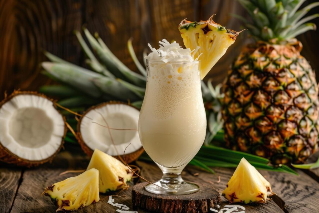 Tropical pina colada cocktail or mocktail with rum, coconut and pineapple Free Photo