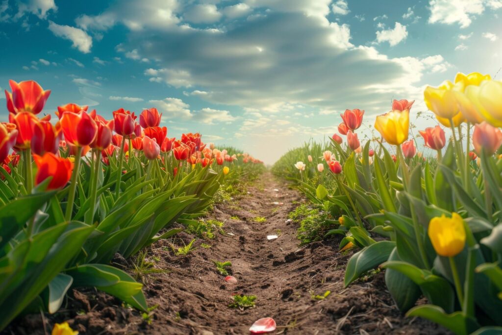 Tulip Fields with Cloudy Blue Sky Free Photo