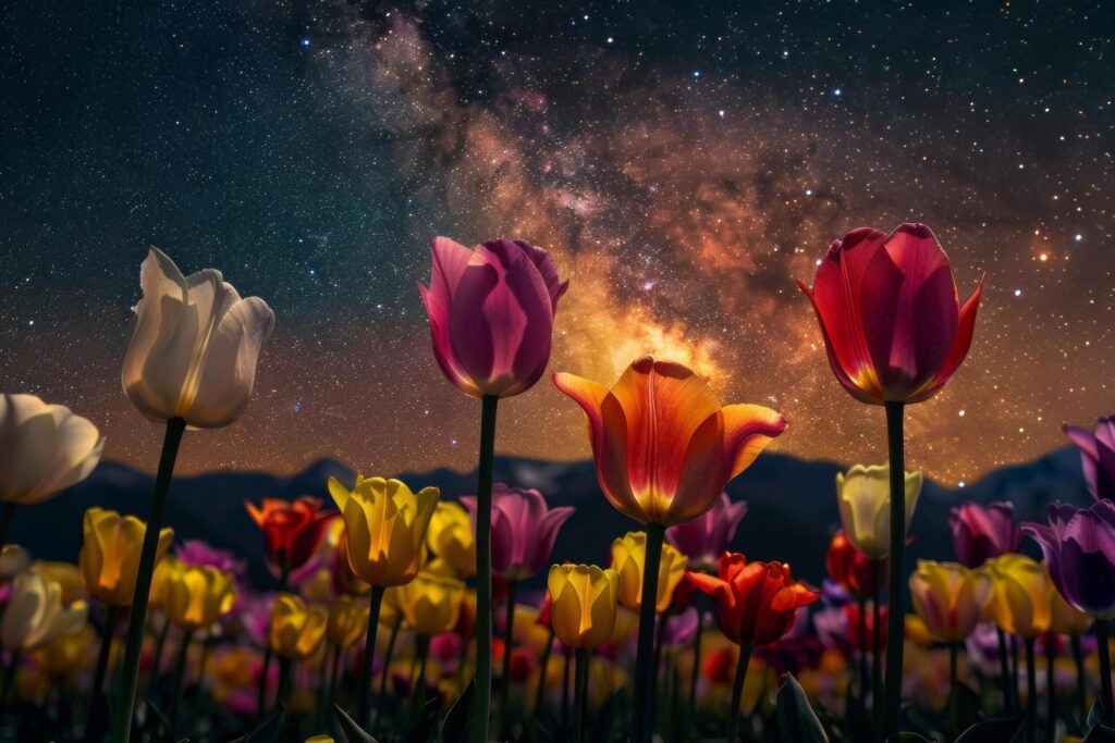 Tulips Under Starry Night Sky Free Photo