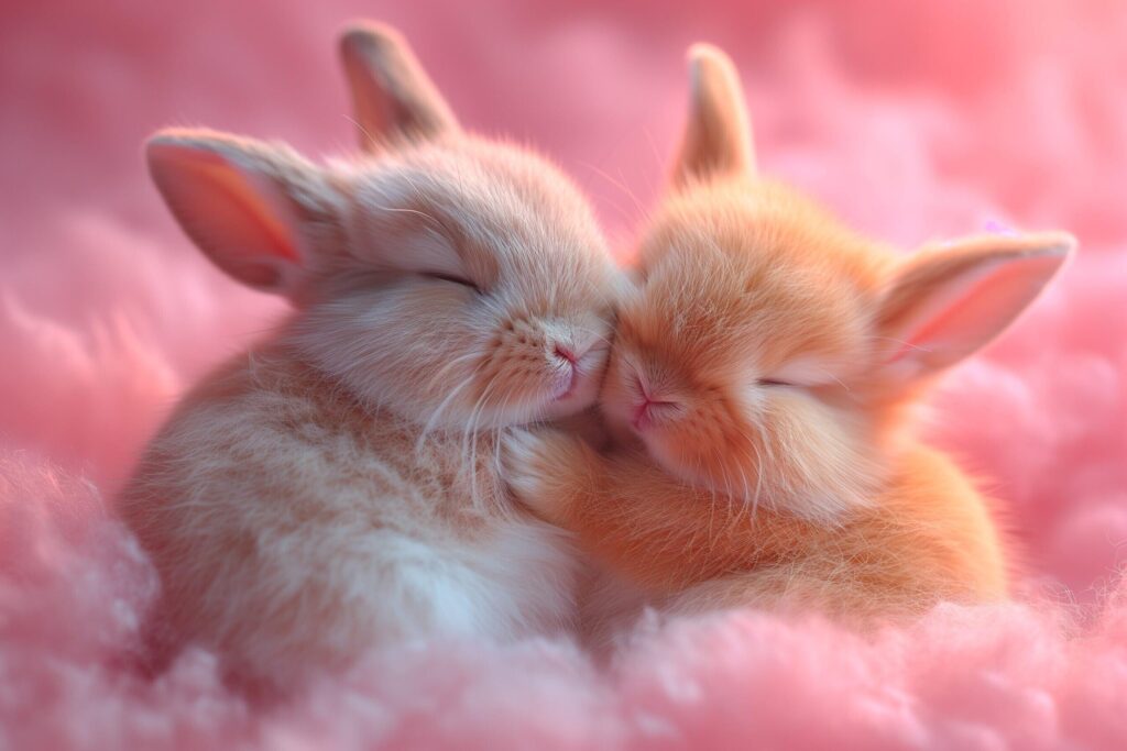 two baby rabbits are cuddling together on a pink background Free Photo