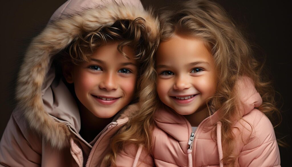 Two cheerful children, siblings, smiling and looking at camera generated by AI Free Photo