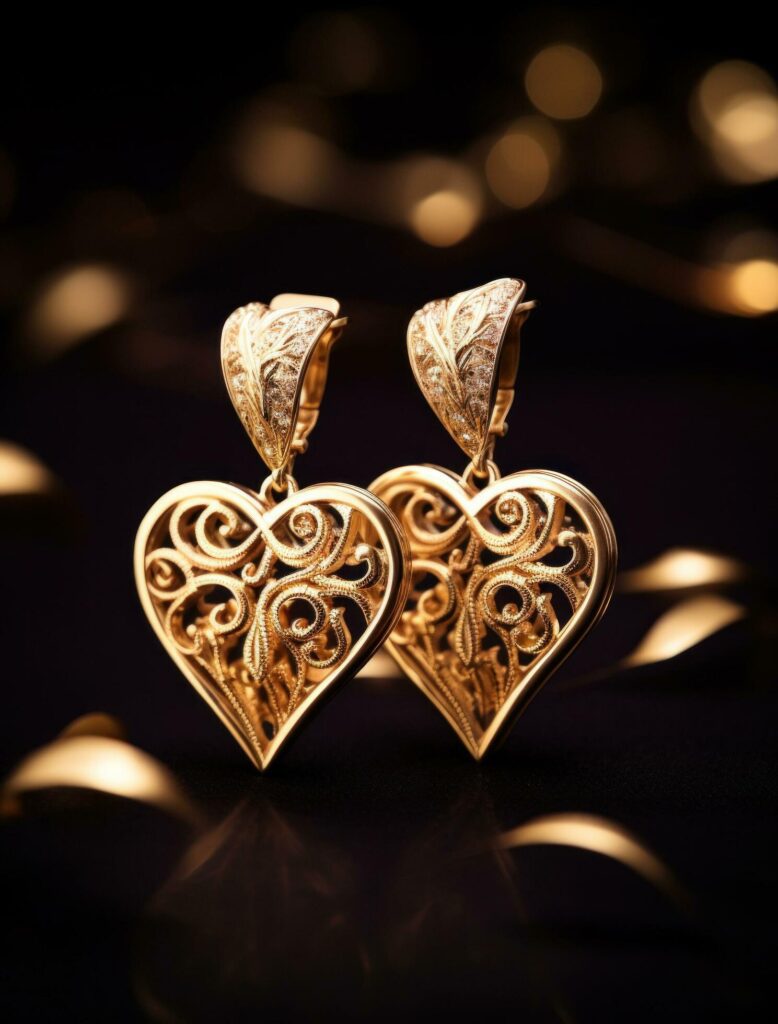 two gold earrings with intricate hearts design surrounded by lights, Free Photo