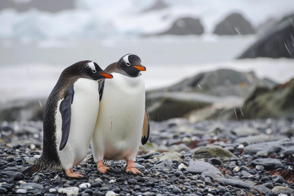 two penguins standing close to each other on a rocky surface Ai generated Free Photo