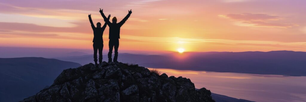 Two people silhouette with arms raised up on mountain top at sunset Free Photo