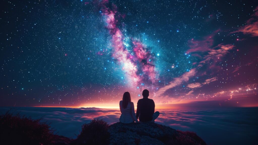 Two People Standing on Top of a Mountain Looking at the Stars Free Photo