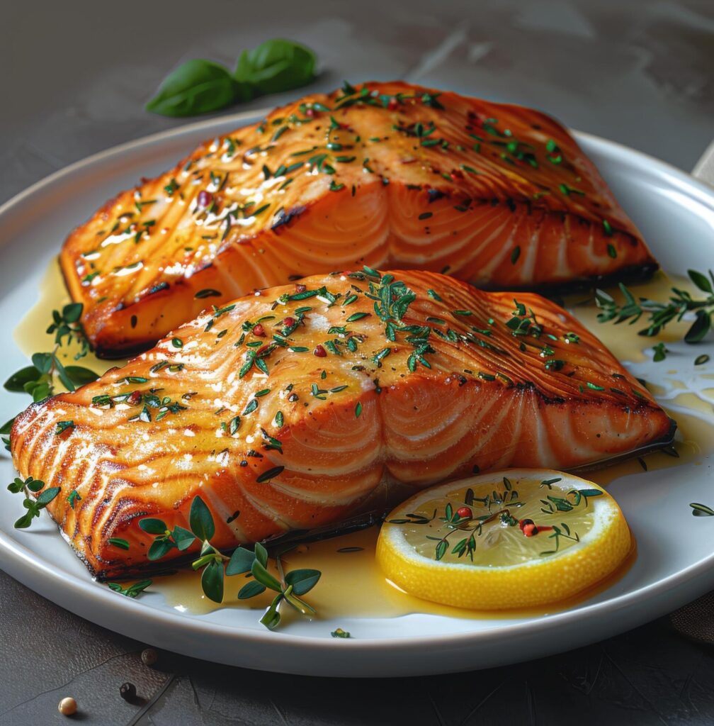 Two Pieces of Salmon With Lemon Wedges on Plate Free Photo