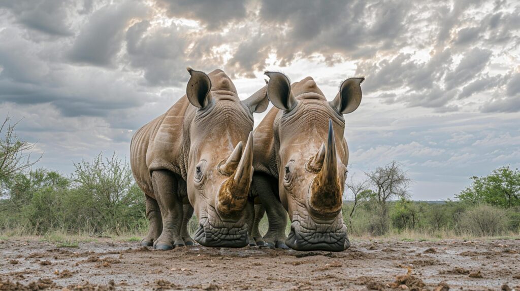 two rhinos standing close to each other on a dirt ground, with trees and clouds in the background Ai generated Free Photo