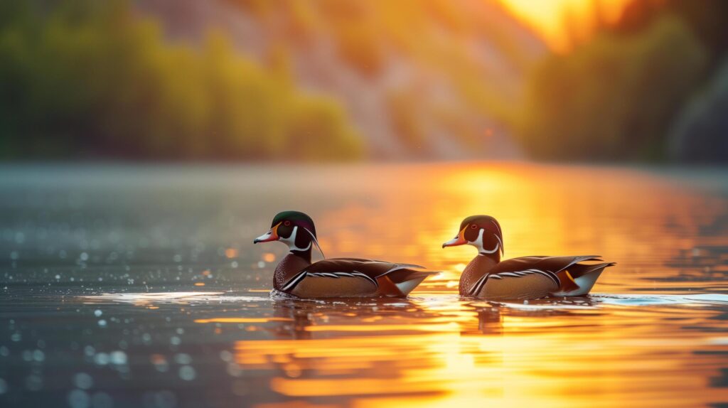 Two wood ducks swimming peacefully on a golden-lit lake at sunset. Free Photo