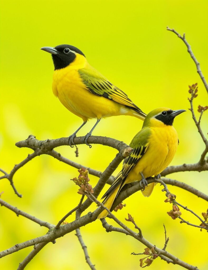 two yellow birds sitting on a branch Free Photo