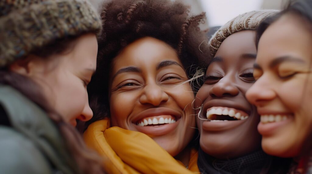 Unity and Diversity Embraced A CloseUp Capture of Diverse Group Smiling and Embracing Symbolizing Societys Harmony Free Photo