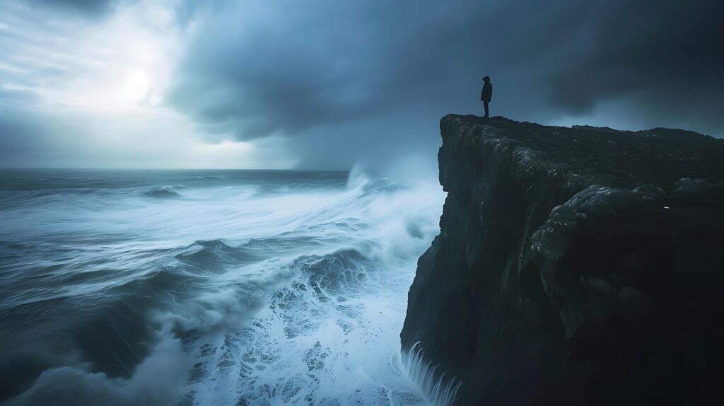 Unyielding Spirit Solitary Figure Faces Turbulent Sea Embracing Hope and Resilience Amidst Overwhelming Adversity Free Photo