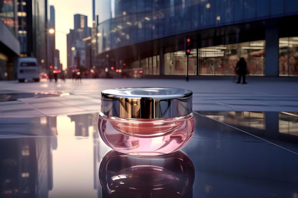 Urban Chic. Cosmetic Product in the Cityscape. AI Generated Free Photo