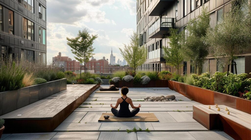 AI generated Urban lifestyle someone meditating amidst the hustle and bustle of the city perhaps in a quiet park rooftop garden or peaceful corner of a busy street Stock Free