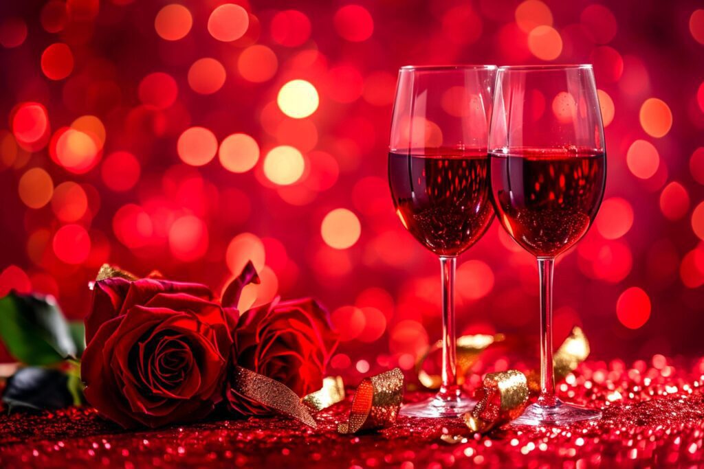 Valentine’s day or Romantic concept. Two glasses vine with rose red bokeh background Ai generated Free Photo