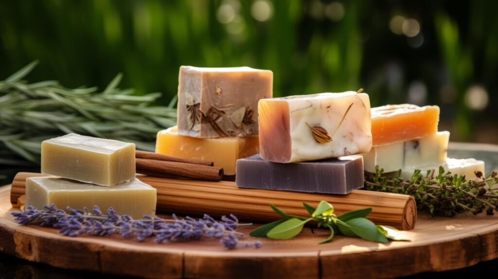 Variety of Artisanal Soaps Displayed on Wood Free Photo