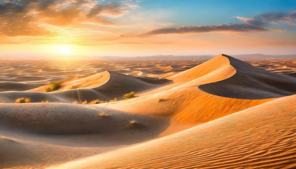 Vast sandy desert dunes with bright sunset Free Photo