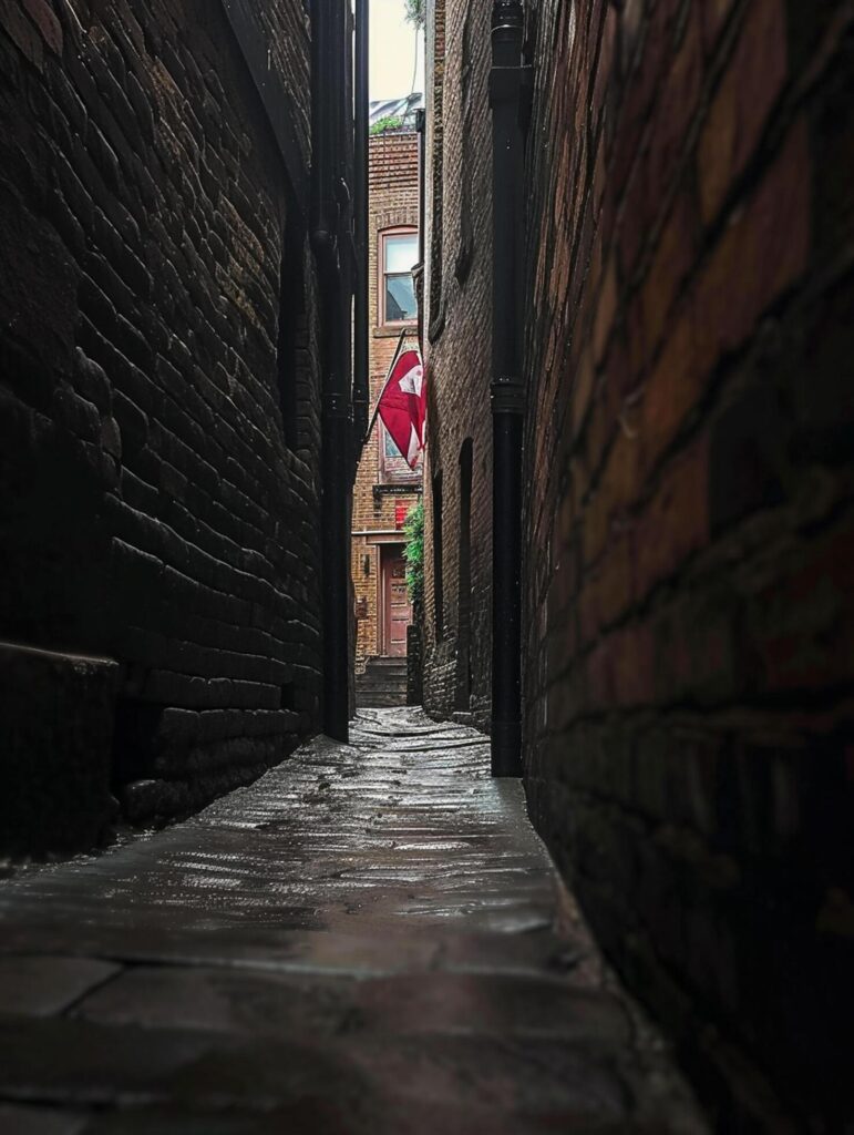 Photo vertical shot of a narrow alley. The atmosphere is moody and dark with natural Ai Generated Free Photo