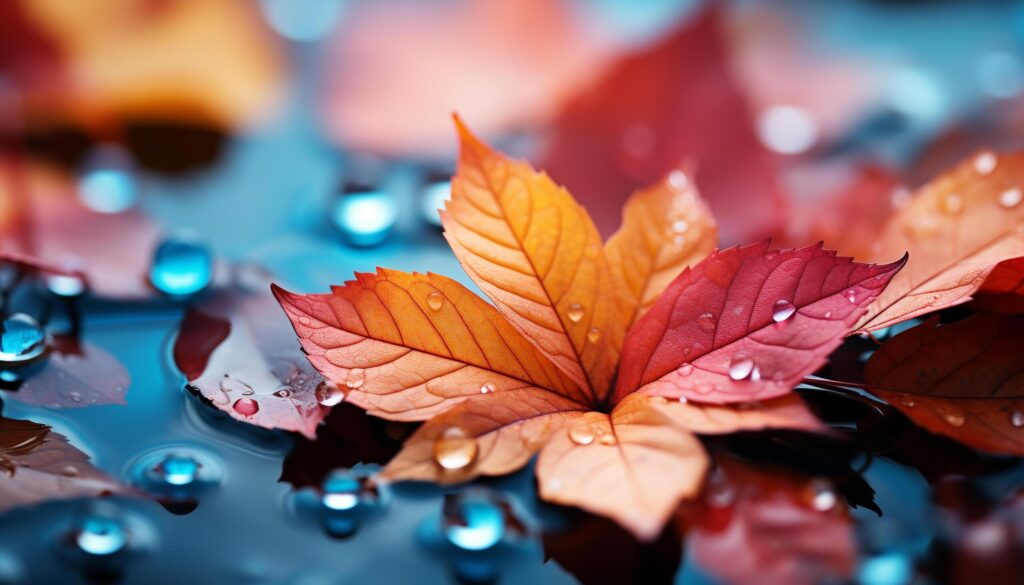 Vibrant autumn colors reflect in wet leaves, nature beauty generated by AI Free Photo