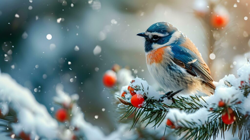 Vibrant Bird Perched on Snowy Winter Berries Free Photo