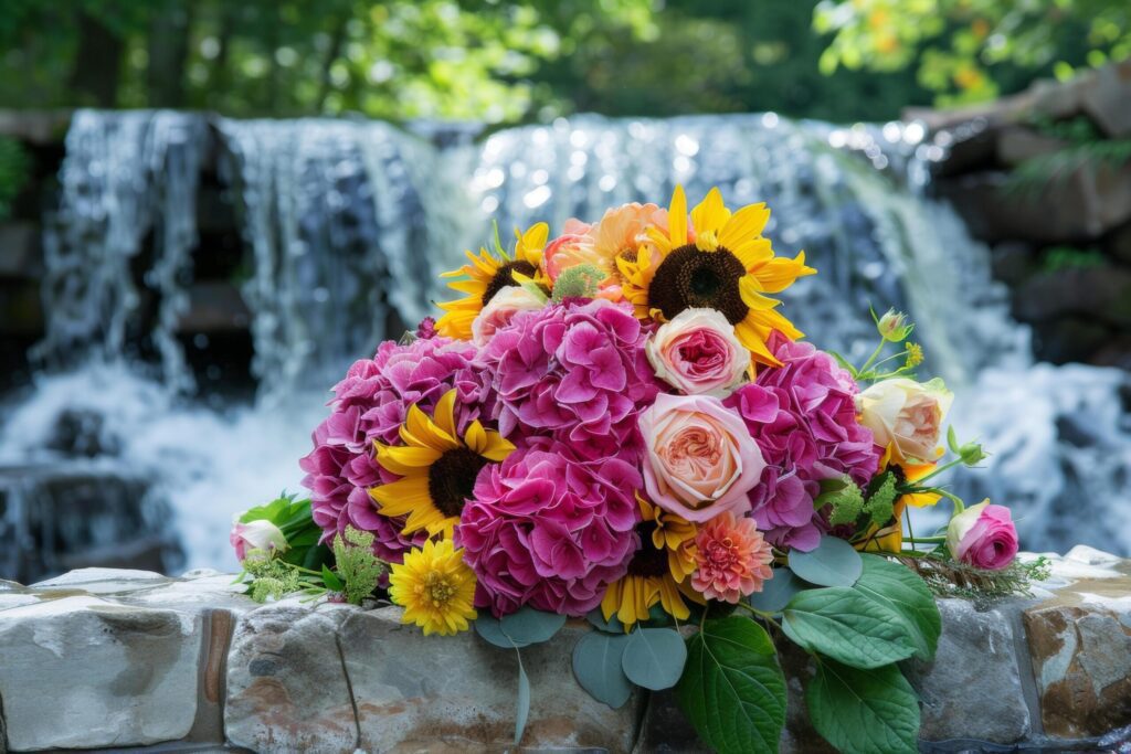 Vibrant Floral Arrangement by Waterfall Free Photo