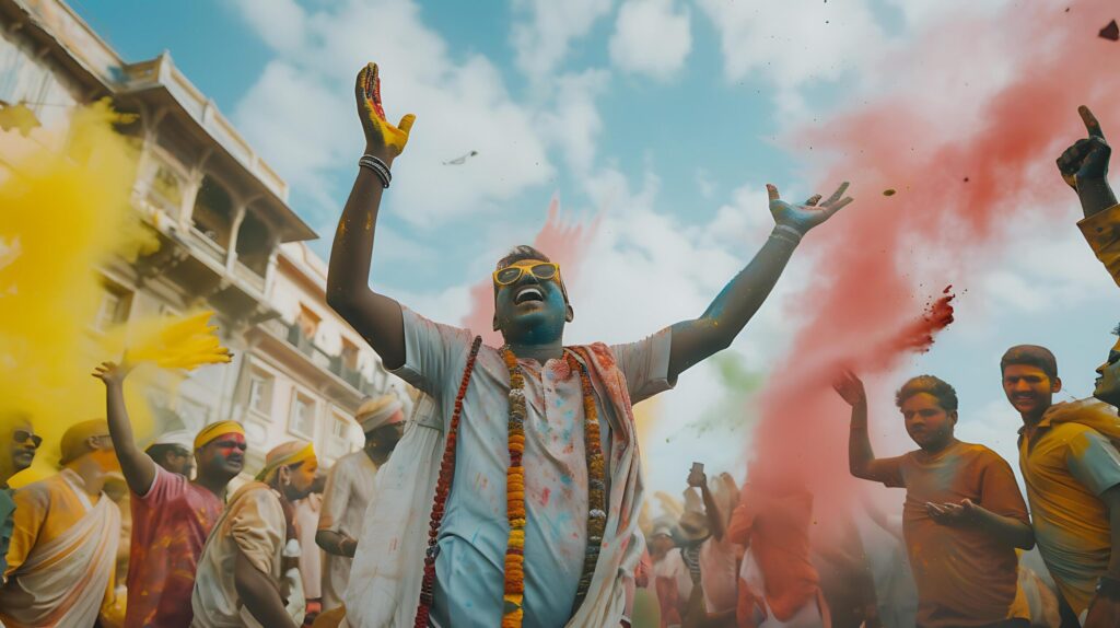 Vibrant Hindu Holi Festival Joyful People Throwing Colorful Powders in the Air Free Photo