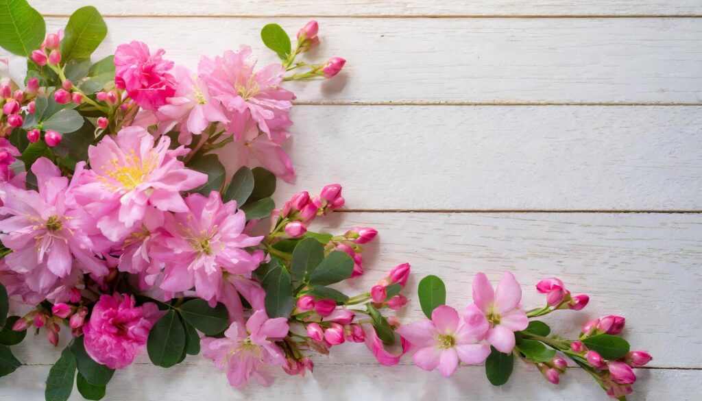 AI generated Vibrant Pink Azalea Blooms Resting on White Wooden Background in Spring Stock Free