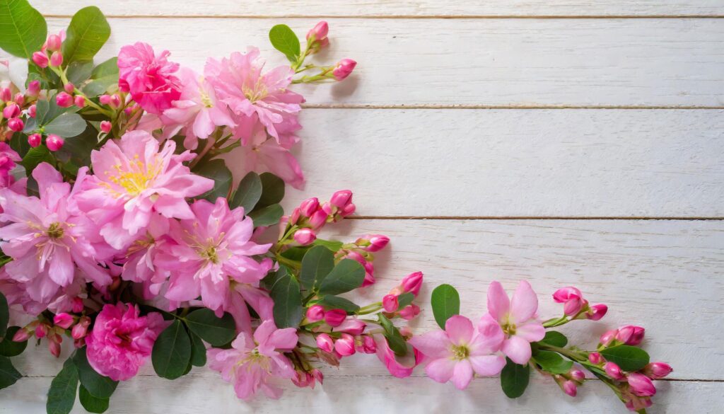 Vibrant Pink Azalea Blooms Resting on White Wooden Background in Spring Free Photo