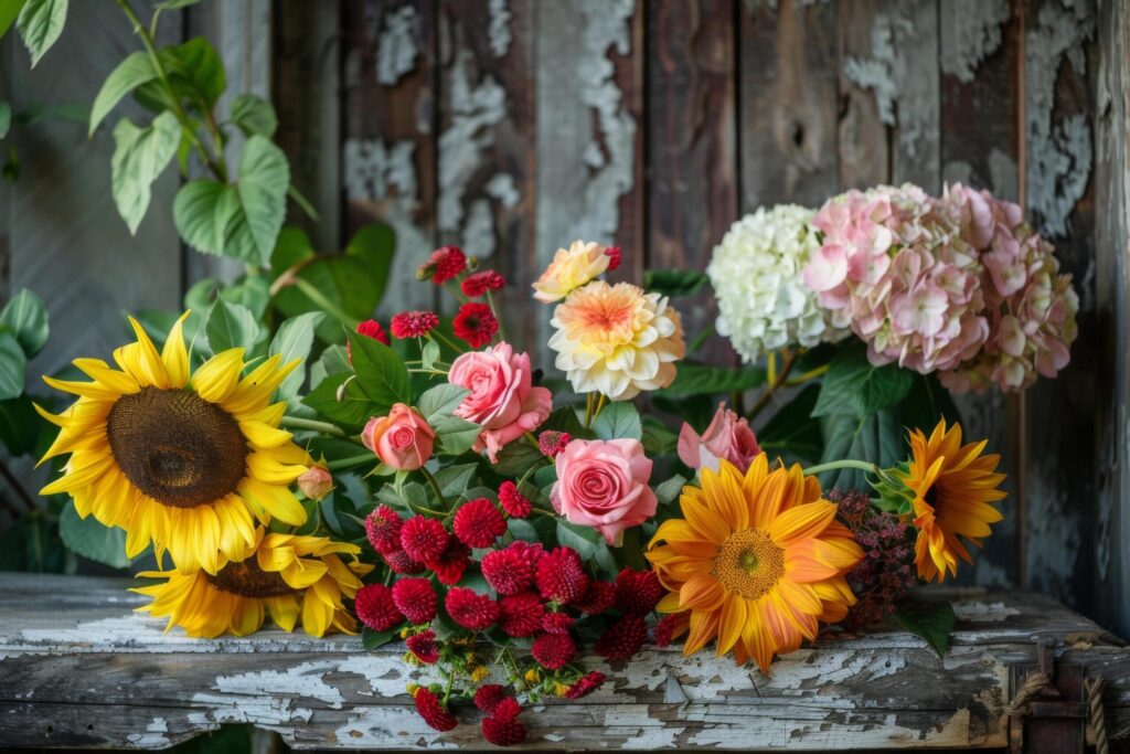 Vibrant Summer Flower Arrangement on Wooden Backdrop Free Photo