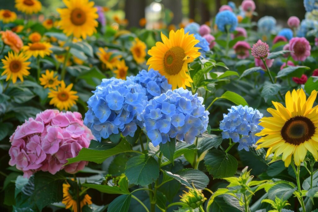 Vibrant Summer Garden with Sunflowers and Hydrangeas Free Photo