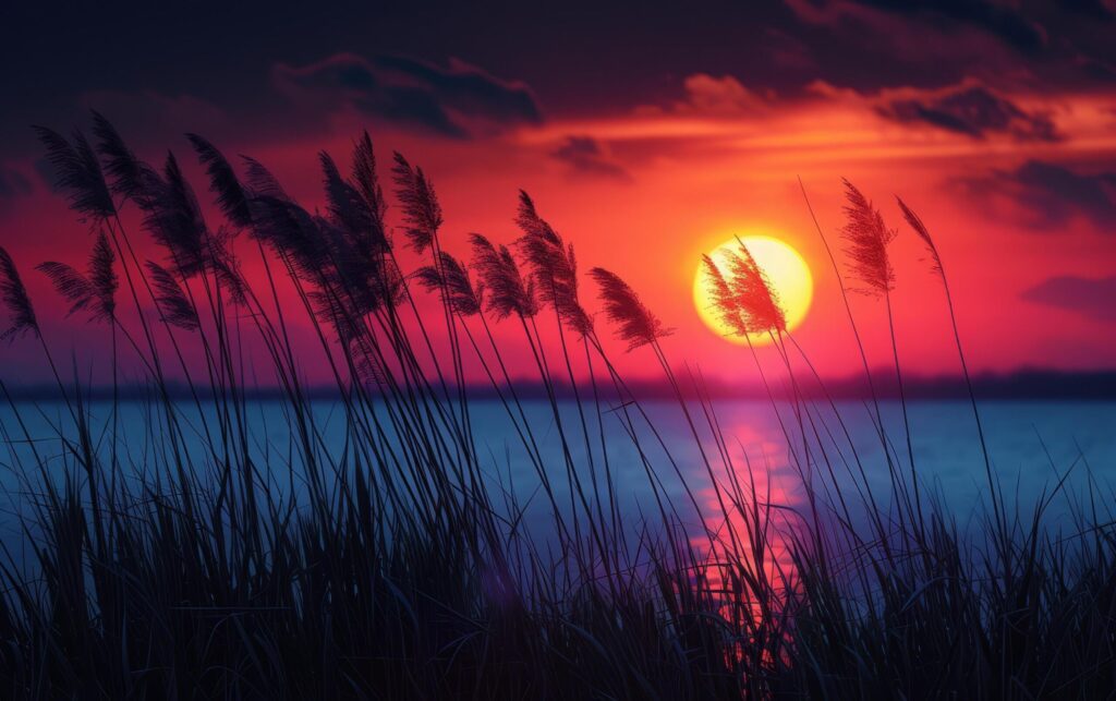 Vibrant sunset hues paint the sky and reflect on tranquil waters, with reeds in silhouette Free Photo