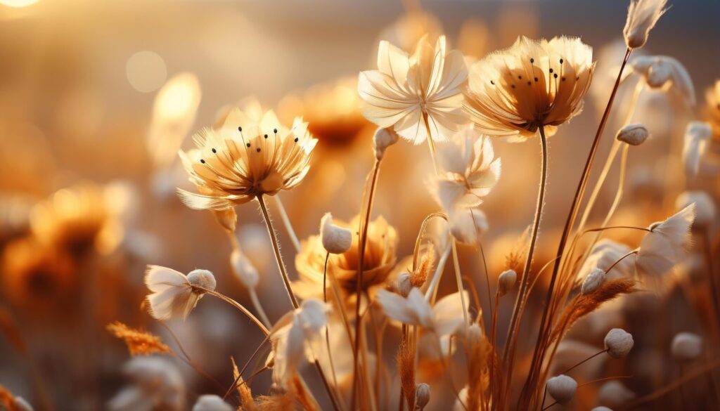 Vibrant yellow wildflower blossoms in tranquil meadow at sunset generated by AI Free Photo