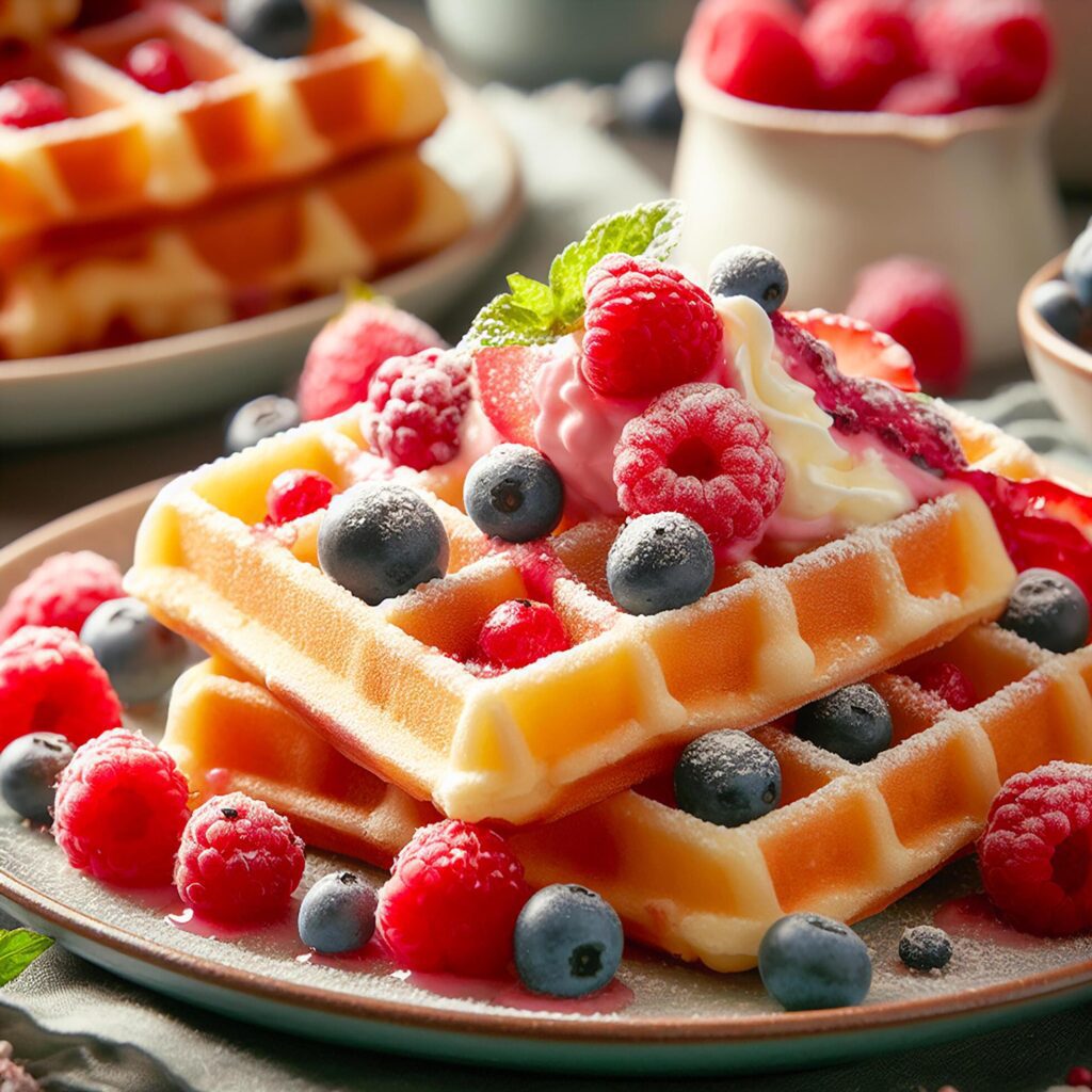 Viennese waffles, a sweet breakfast dessert perfect for kids. Dive into the close-up view of Belgian waffles topped with fresh berries Free Photo