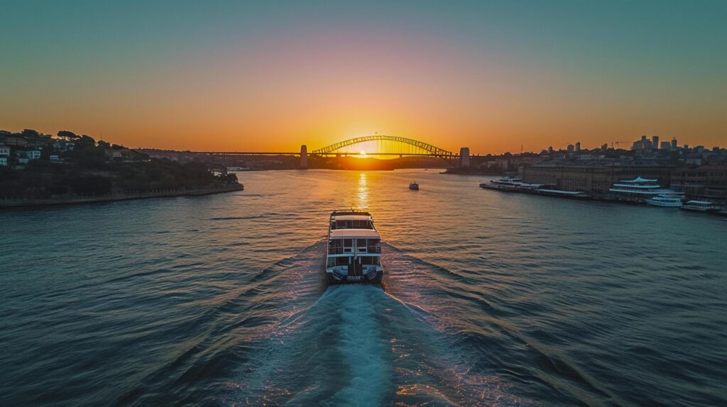 view of a boat crossing a river with a suspension bridge spanning it at sunset Ai generated Free Photo