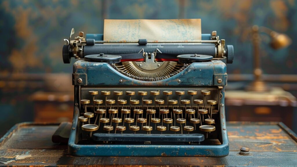 Vintage Blue Typewriter on Wooden Table Free Photo