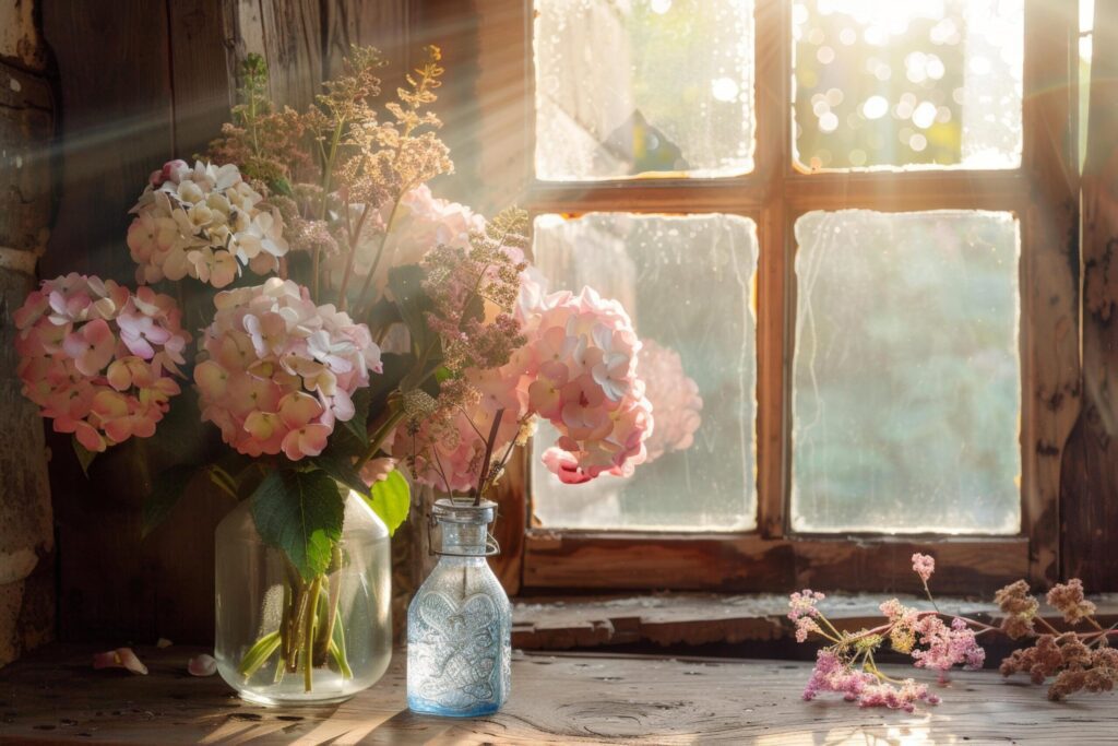 Vintage Hydrangea Arrangement in Sunlit Room Free Photo