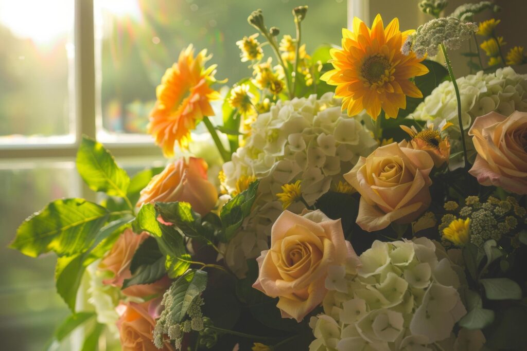 Warm Indoor Bouquet with Roses and Sunflowers Free Photo