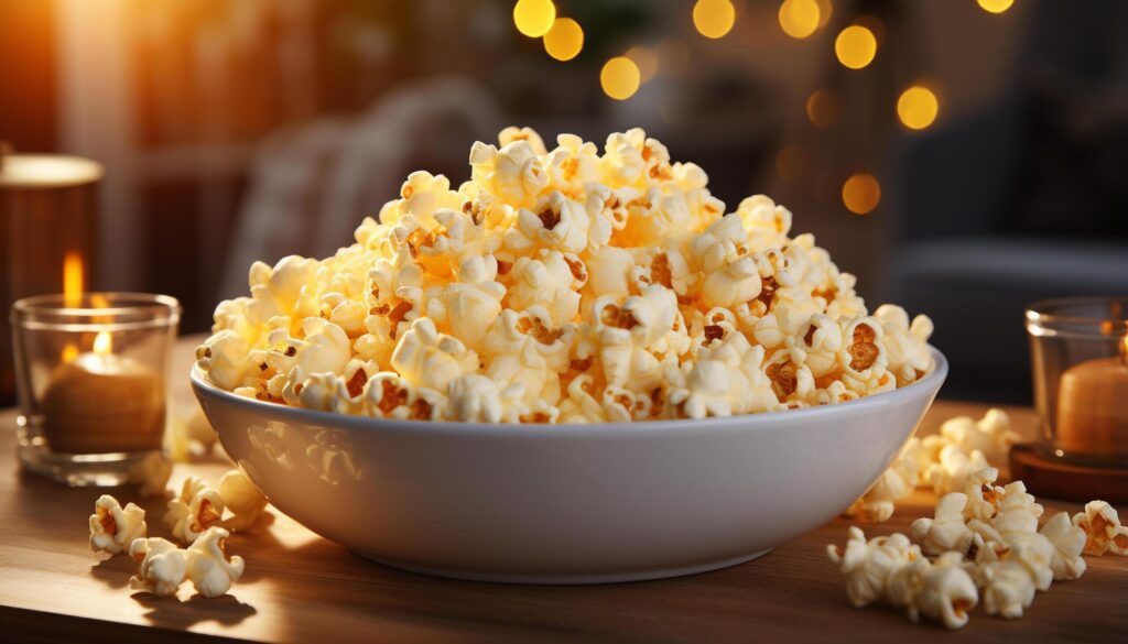 Watching a movie, enjoying sweet popcorn in a cozy theater generated by AI Free Photo