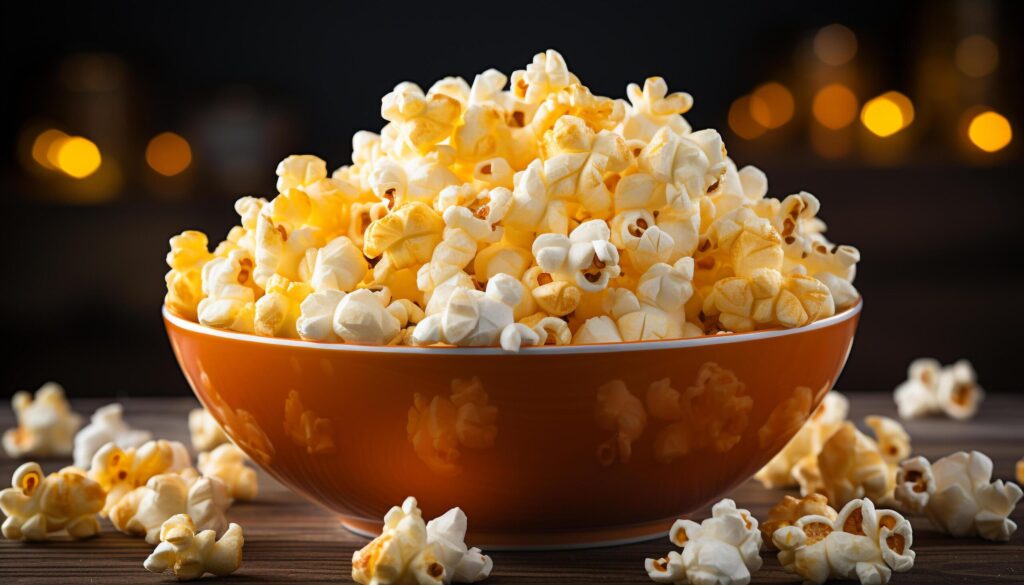 Watching a movie, indulging in gourmet popcorn refreshment generated by AI Free Photo