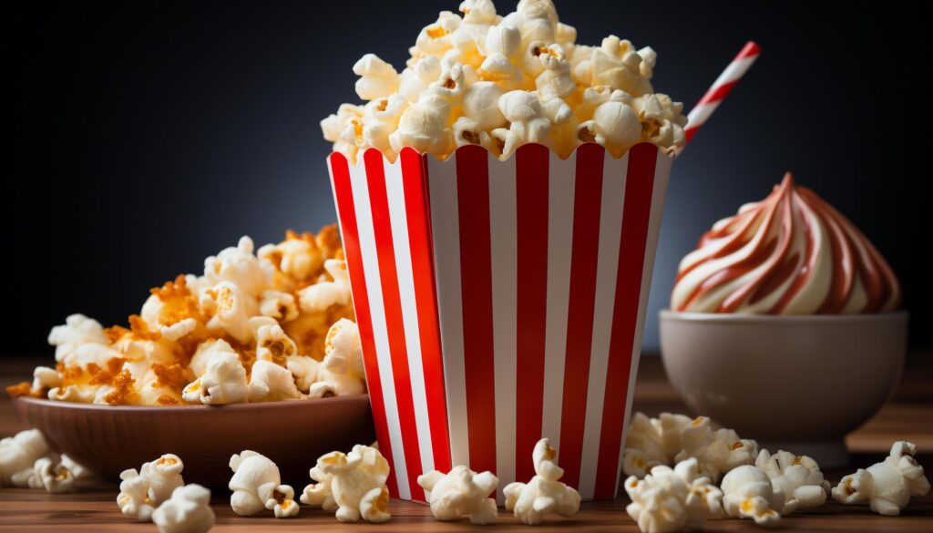 Watching a movie, snacking on buttered popcorn, pure enjoyment generated by AI Free Photo