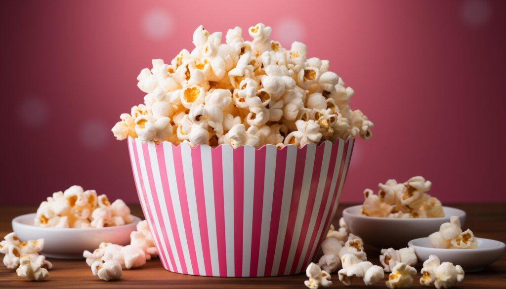 Watching a movie, snacking on fresh popcorn in a striped bowl generated by AI Free Photo