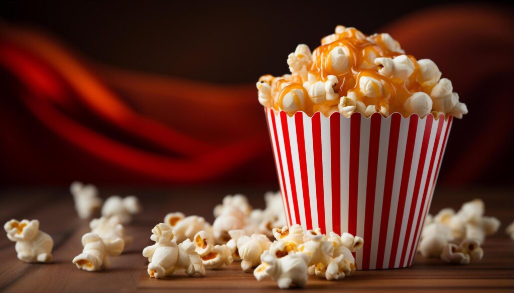 Watching a movie, snacking on sweet popcorn in a theater generated by AI Free Photo