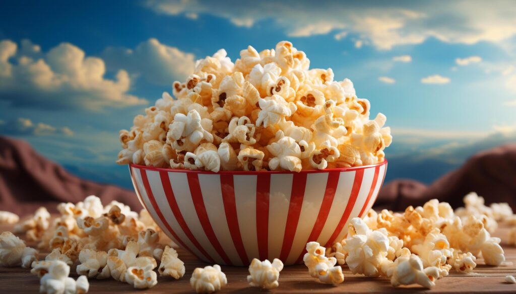 Watching movie, eating popcorn, enjoying sweet food, relaxing in theater generated by AI Free Photo