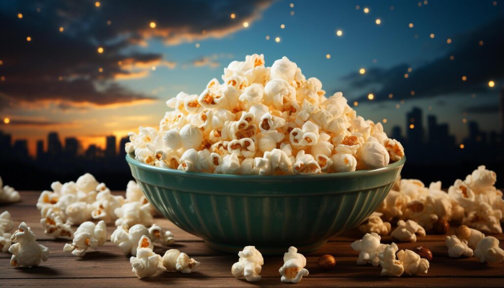 Watching movie, eating popcorn, enjoying the night at home generated by AI Free Photo