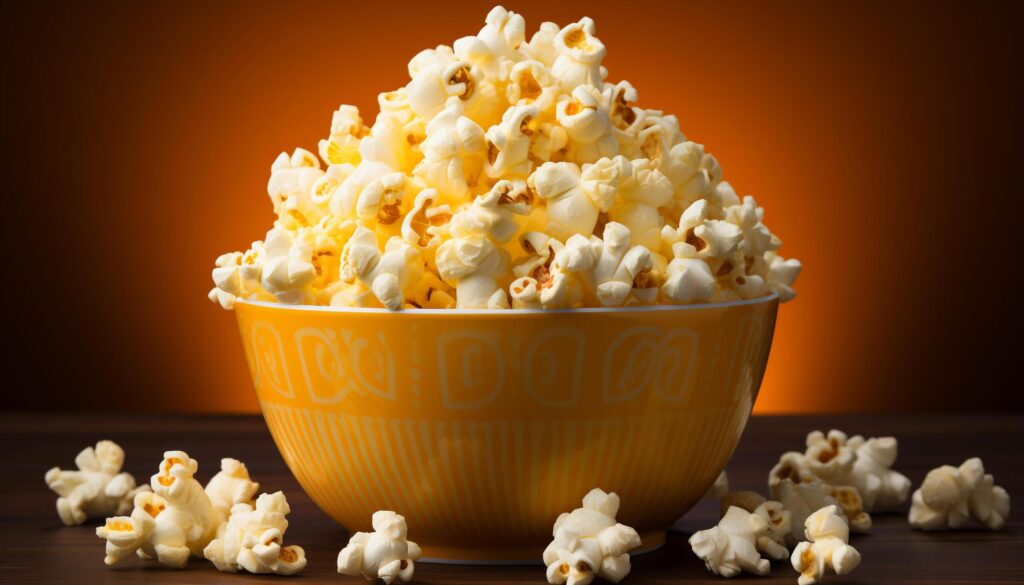 Watching movie, eating popcorn, enjoying the sweet corn freshness generated by AI Free Photo