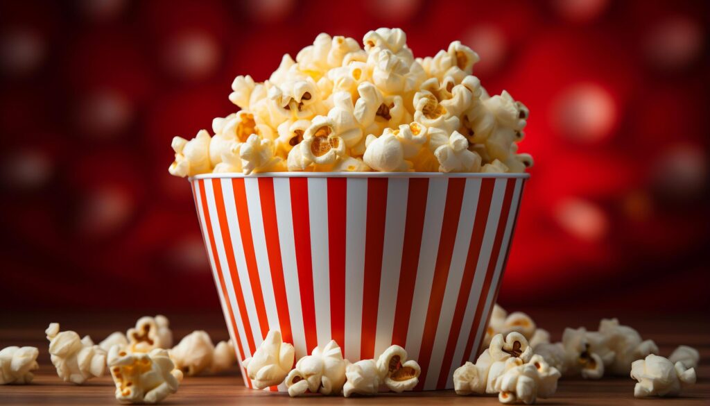 Watching movie, indulging in sweet popcorn, refreshing drink generated by AI Free Photo