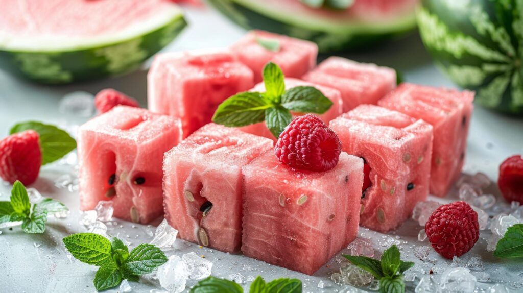 Watermelon Cubes With Mint and Raspberries on Ice Free Photo