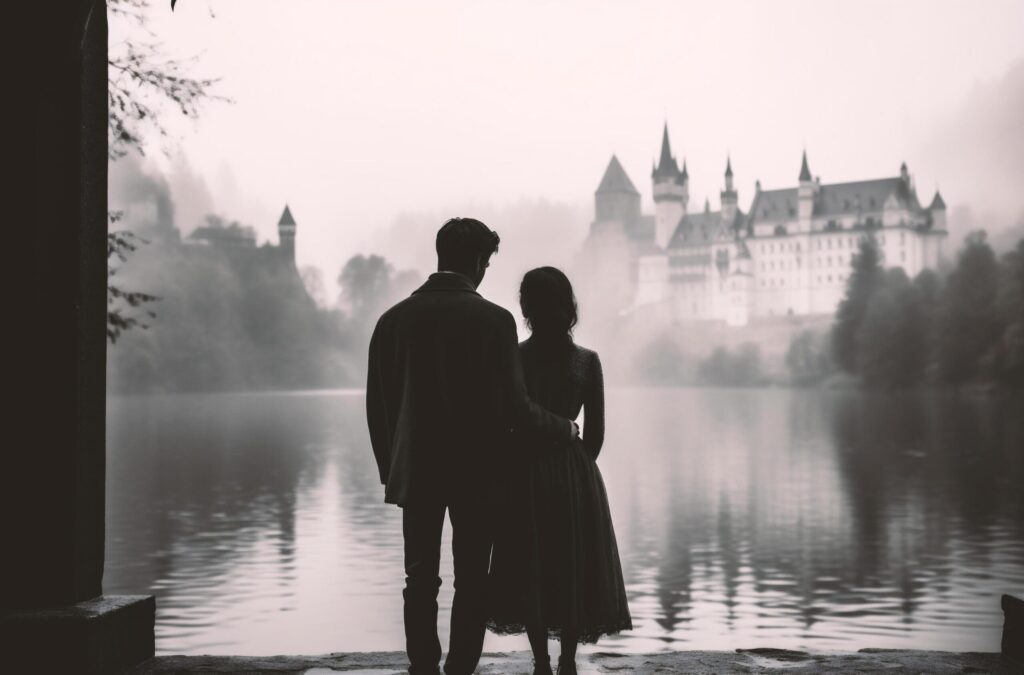 Wedding couple in front of the castle on a foggy day Free Photo