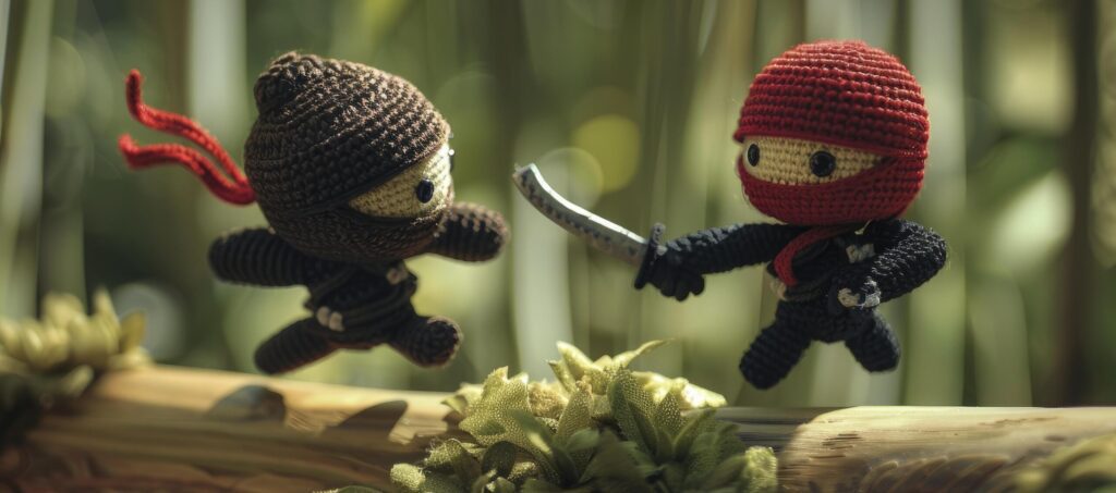 Whimsical Adventure. Ninja-Themed Amigurumi Characters Embark on an Epic Journey. Dynamic Poses and Dramatic Lighting Create a Playful Scene in Top-Down Shot. Free Photo