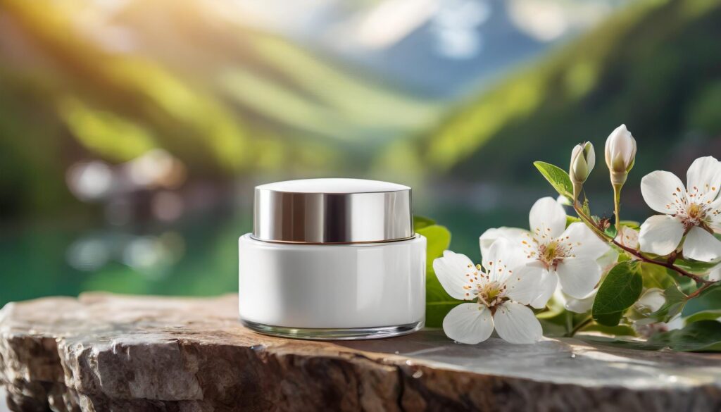 White Blank Cosmetics Mockup with flowers and leaves Free Photo