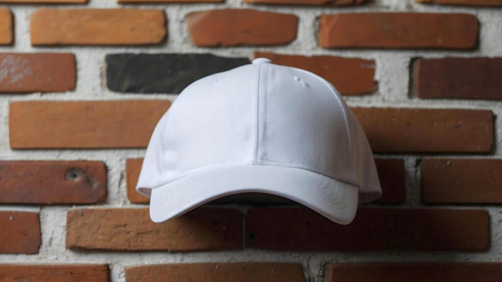 AI generated White blank empty baseball cap Mock up template isolated on brick wall background, clothing and fashion, lifestyle concept Stock Free